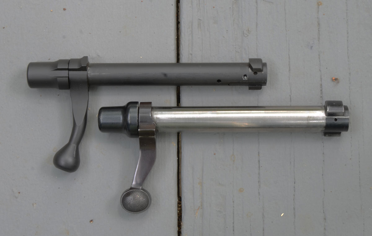 The Superlite bolt (top) weighs 9.3 ounces versus 12.4 ounces for the bolt of the Remington Model 700 short action (below).